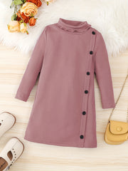 Girls' Turtleneck Side Button Decor Long Sleeve Sweater Dress