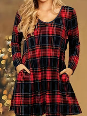 Plaid Print Long Sleeve V Neck A Line Dress