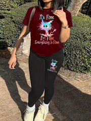 Cat Print Two piece Pants Set Short Sleeve T shirt & Leggings Outfit