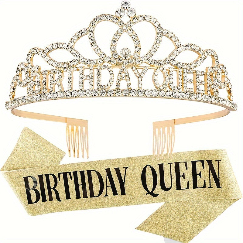 Girls Birthday Party Crown & Shoulder Strap Rhinestone Tiara Princess Set