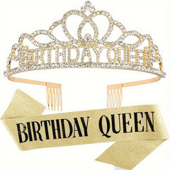 Girls Birthday Party Crown & Shoulder Strap Rhinestone Tiara Princess Set