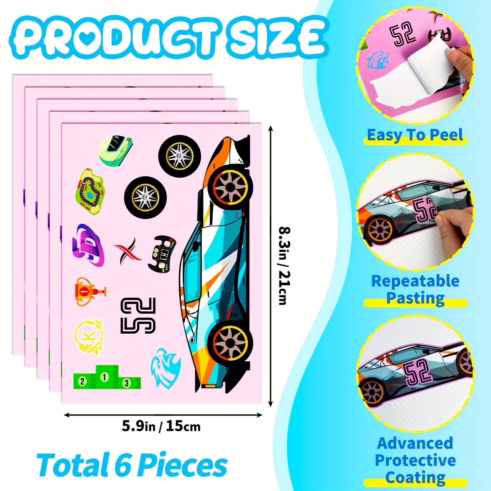 6pcs Toy Car Face Changing Stickers Puzzle DIY Stickers