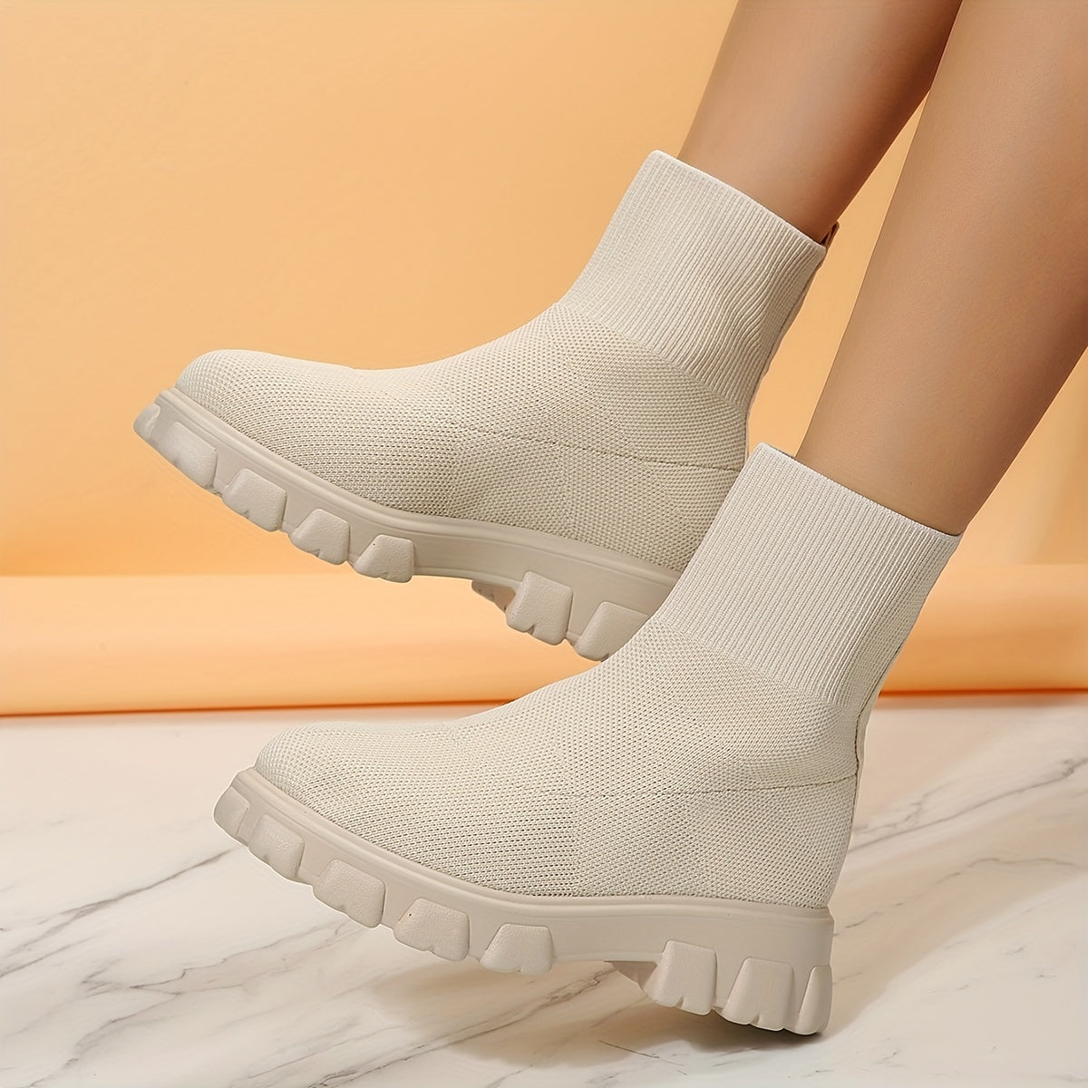 Solid Mid Calf Boots Round Toe Knitted Slip on Boots Women's Footwear