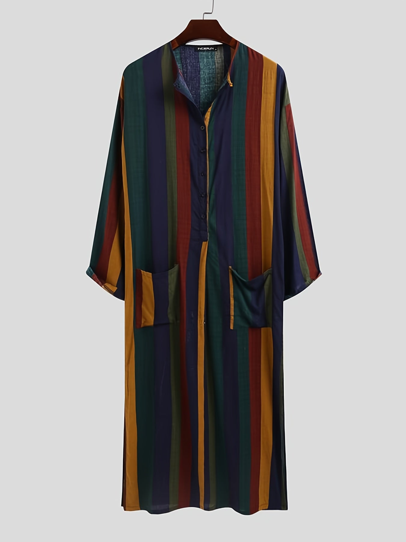INCERUN Men's Striped Kaftan Robe Islamic Style Jubba Thobe