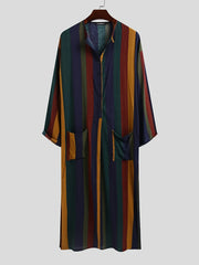 INCERUN Men's Striped Kaftan Robe Islamic Style Jubba Thobe