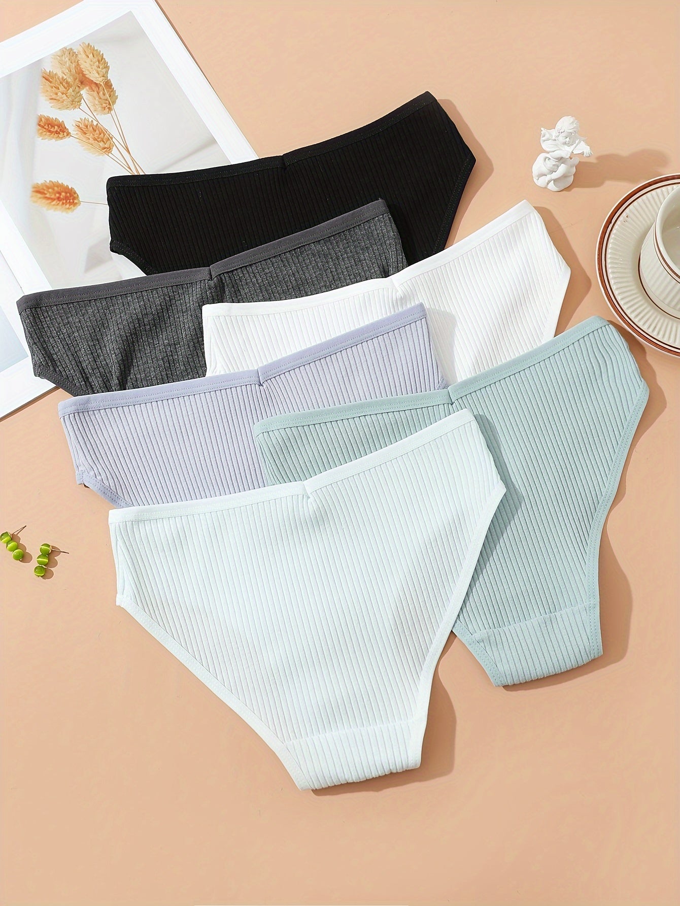 6pcs Ribbed Bikini Panties Comfy & Breathable Stretchy Intimates Panties