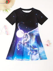 Girls Dreamy Unicorn Short Sleeve Dress 3D Print Summer Clothes Gift