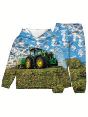 Boy's 3D Green Tractor Hoodie & Pants Set For Fall Winter