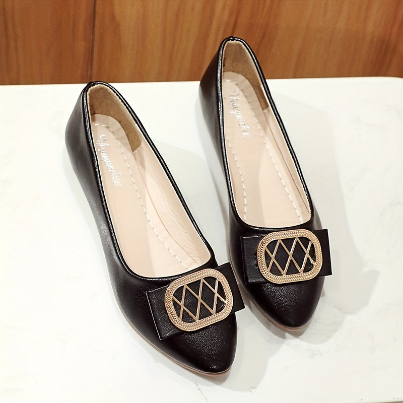 Women's Point Toe Slip On Metallic Buckle Decor Shoes