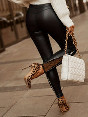 Women's Solid Skinny PU Pants with Zipper