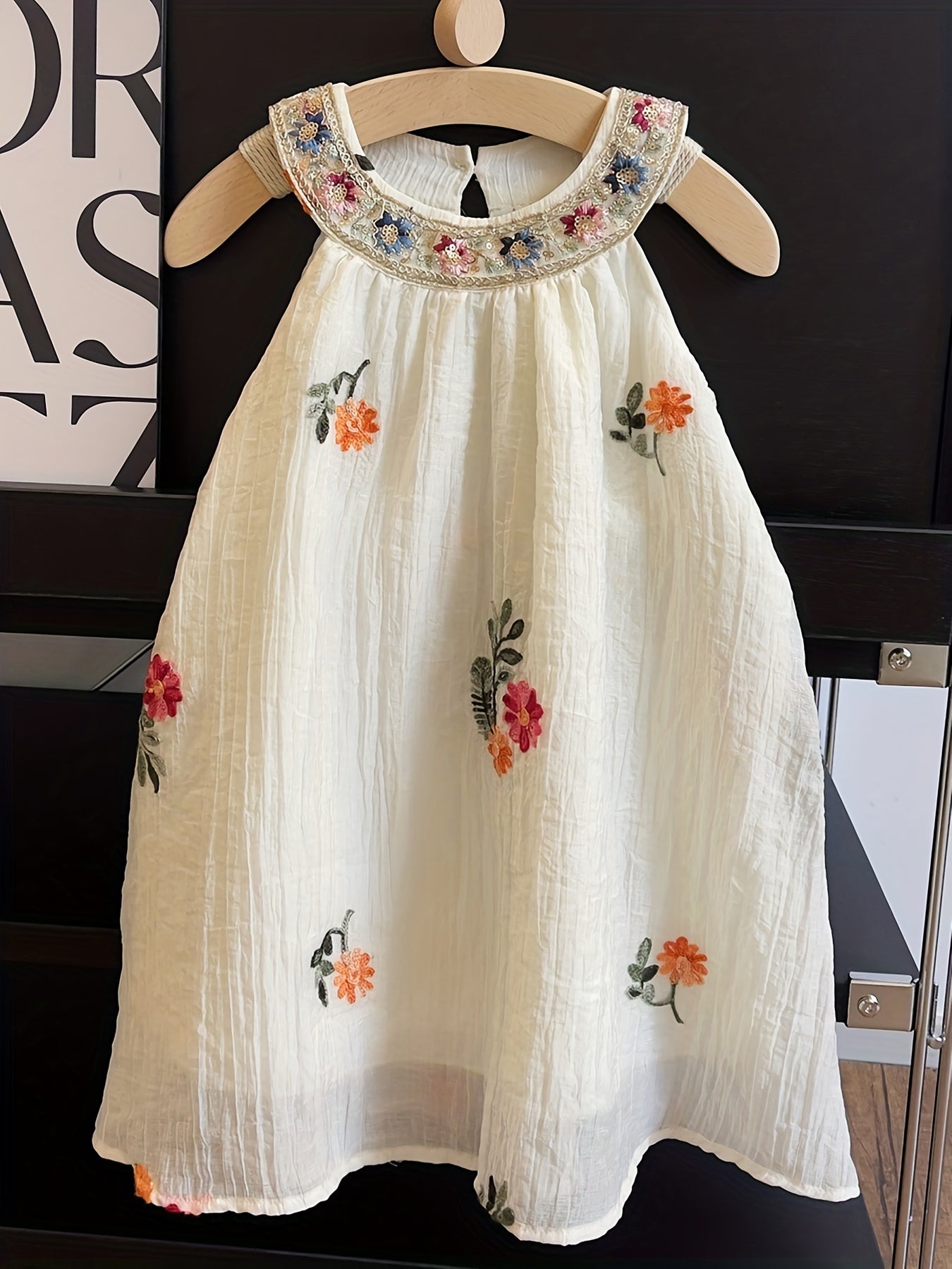 Floral Embroidered Linen Halter Dress For Girls