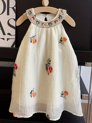 Floral Embroidered Linen Halter Dress For Girls