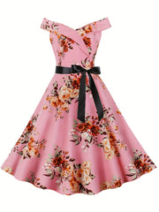Vintage Floral V Neck Dress Pleated Party Dress Women's Clothing