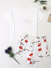Lip & Letter Print Pajama Set Short Sleeve Top & Shorts