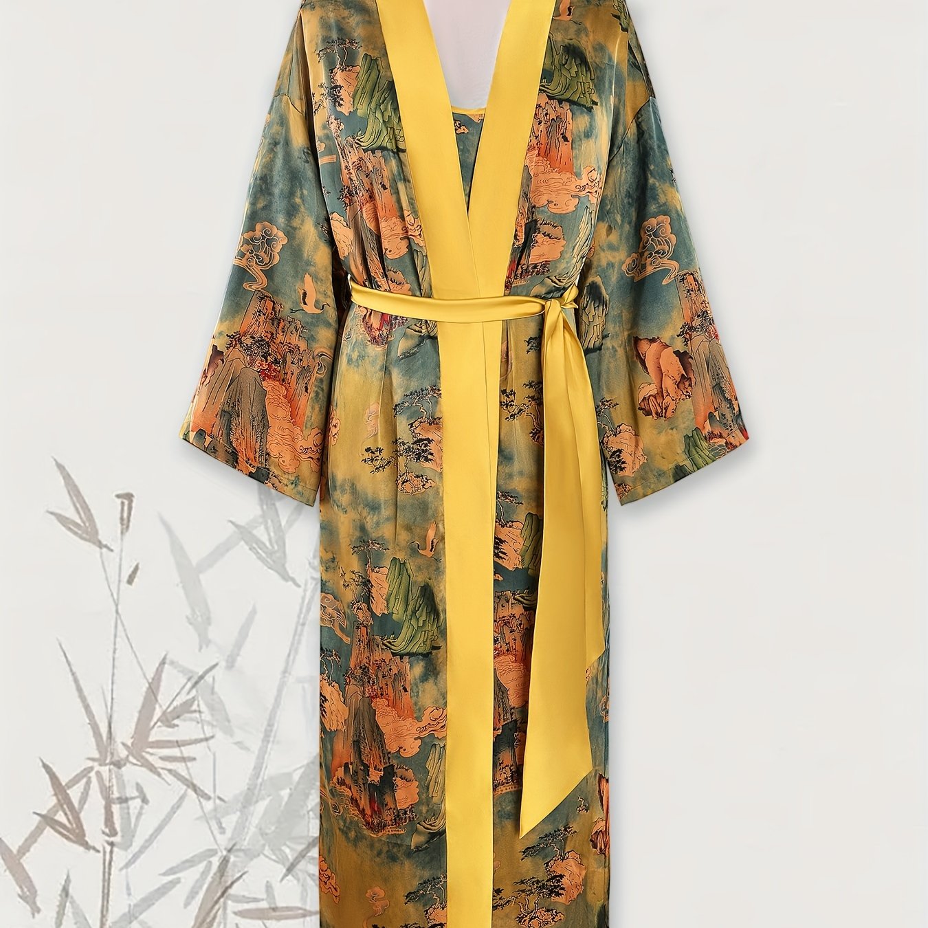 Ethnic Style V Neck Long Sleeve Lounge Robe With Belt Women's Sleepwear