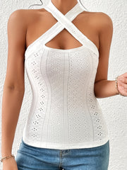 Ribbed Cross Halter Neck Tank Top Casual Sleeveless Top Women's Clothing