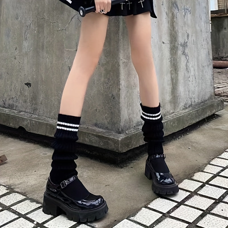Striped Rib Knit Leg Warmers College Style All match Knee High Socks