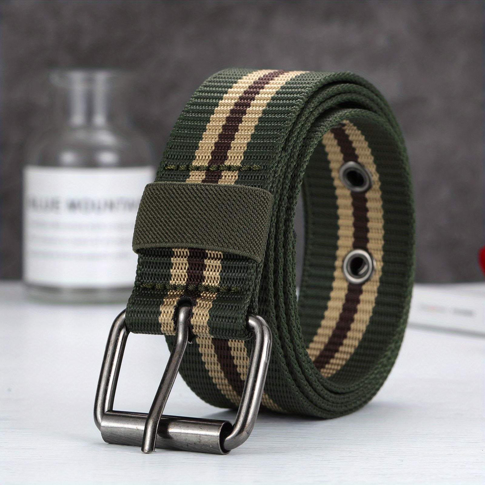 Men's Army Green Cloth Strap Square Belt