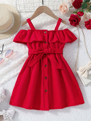 Toddler Girls Ruffle Trim Cold Shoulder Dress For Party Beach Vacation