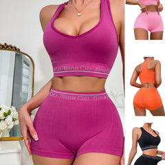 Letter Print Bra & Panties Set Push Up Sports Bra & Elastic Panties Lingerie