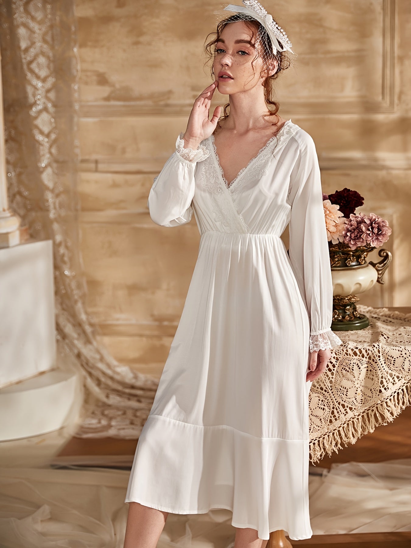 Lace NightDress Long Sleeve V Neck Ruffle Pajama Dress