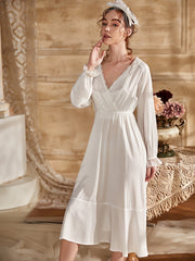 Lace NightDress Long Sleeve V Neck Ruffle Pajama Dress