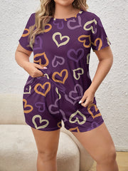 Heart Print Short Sleeve Tee & Shorts Loungewear Set