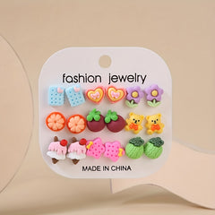 9 Pairs Small Fruit Animal Star Heart Flower Hypoallergenic Stud Earrings Set