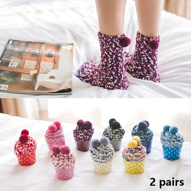 2 Pairs Pompom Fuzzy Socks Comfy & Warm Floor Socks