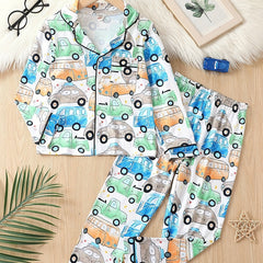 Boy's Graffiti Car Print Pajama Set Long Sleeve Top & Pants
