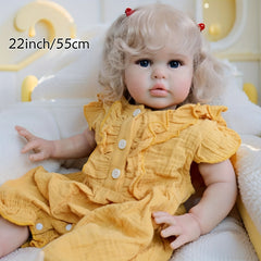 Realistic Reborn Doll Soft Touch Cuddly Girl with Curly Blonde Hair Yellow Dress