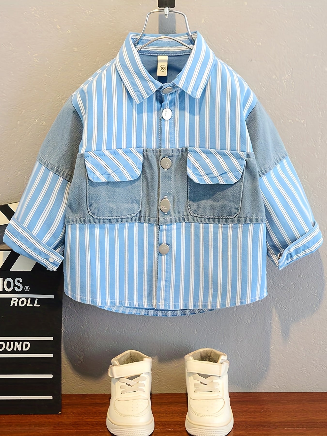 Boy's Stripes Graphic Print Fleece Denim Jacket Winter Spring Autumn