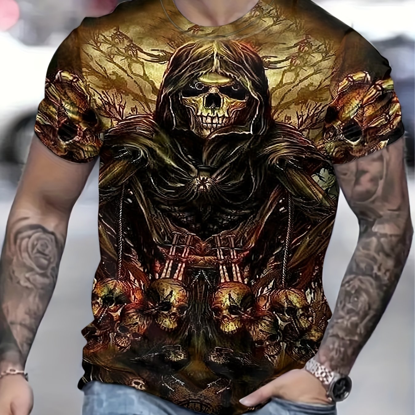 Men's Vintage Skeleton Graphic T-shirt Breathable Tee for Summer Outdoors