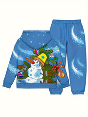 Boys Christmas Snowman Print Hooded Sweatshirt & Sweatpants Set