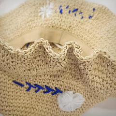 Flower Embroidery Straw Bucket Hat Boho Crochet Solid Basin Hat
