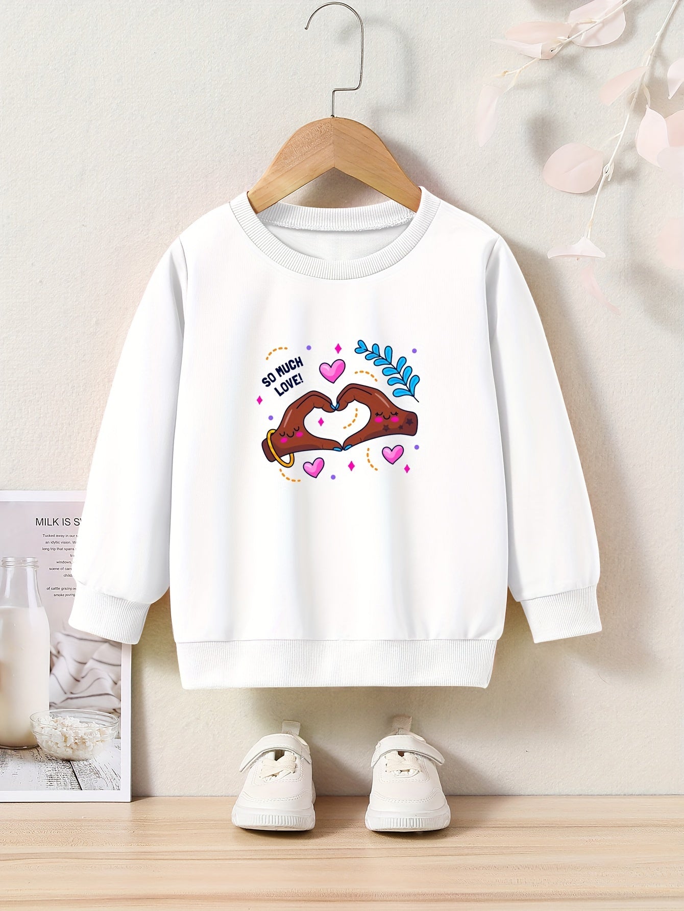 Love Heart Gesture Print Girls Casual Pullover Sweatshirt Long Sleeve Tops