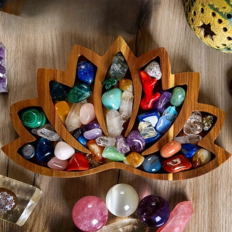 Lotus Shaped Wooden Tray for Crystals Display and Storage