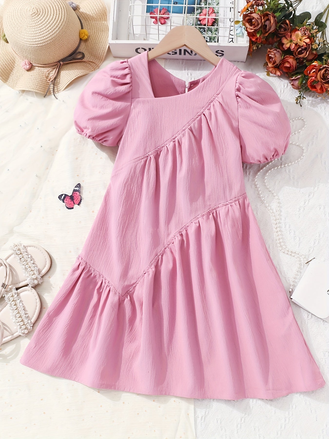 Girls' Ruched A-Line Short Sleeve Dress & Casual Fit Kids Dresses