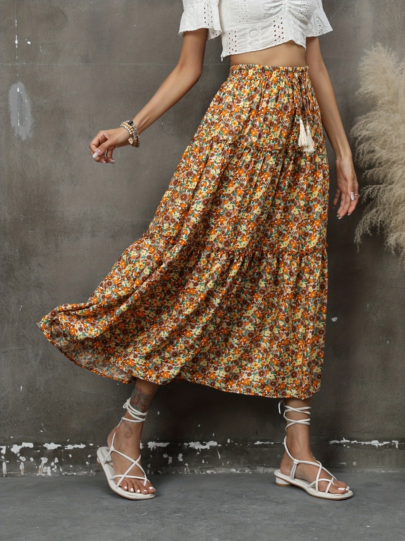 Ditsy Floral Print Skirt Casual Tiered Skirt For Summer