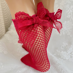 Girls Fishnet Lace Bow Over Calf Socks