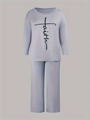 Letter Print Long Sleeve Top & Wide Leg Pants Set
