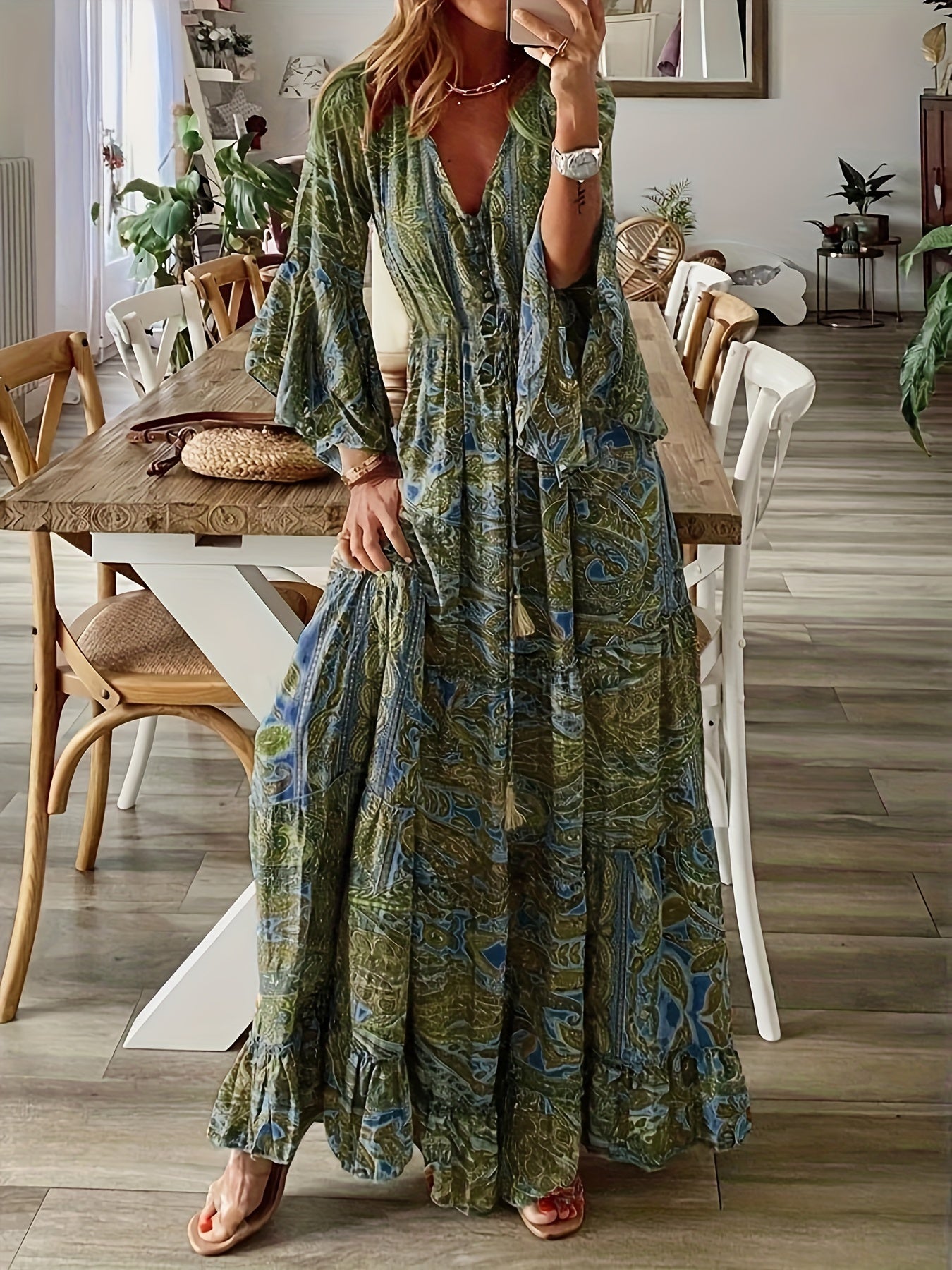 Plus Size Boho Dress Women's Paisley Floral Bell Sleeve V Neck Maxi