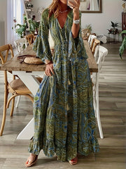 Plus Size Boho Dress Women's Paisley Floral Bell Sleeve V Neck Maxi