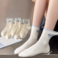 5 Pairs Cartoon Print Socks & 3D Textured Women's Stockings