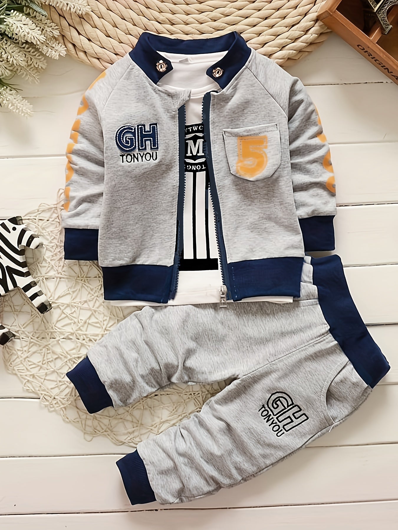 3pc Kids Cotton Suit Set Zipper Coat T-shirt Trousers Party Cl