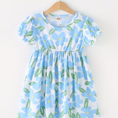 Floral Print Cotton Dress Toddler Girls Round Neck Swing Comfortable