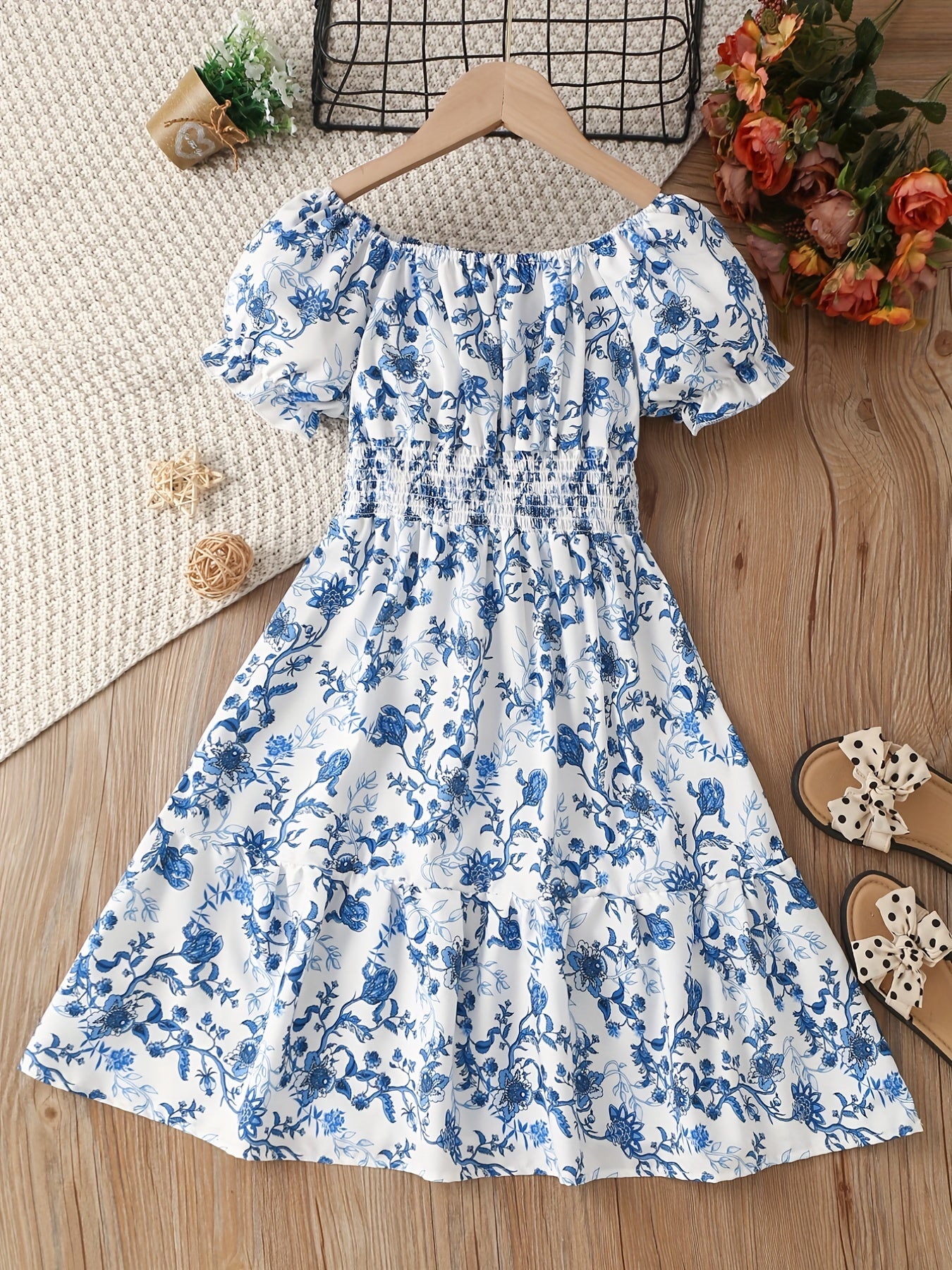 Girls Floral Dress Stretchy Waist Swing Dresses Short Sleeve