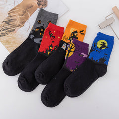 5 Pairs Halloween Novelty Crew Socks Pumpkin Ghost Skull Women's Socks