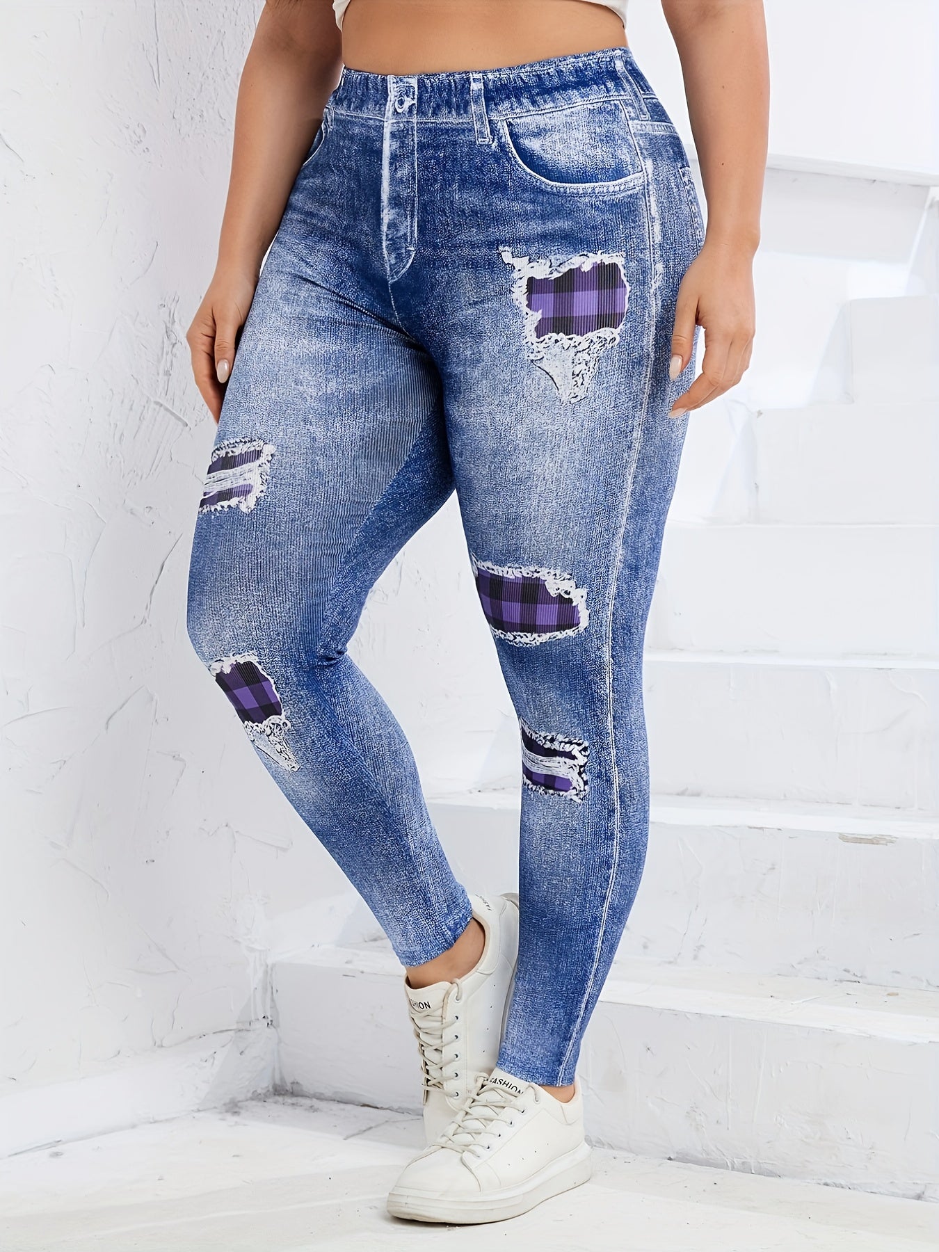 Women's Denim Print Yoga Leggings High Stretch Sports Tight Pants
