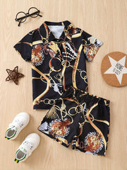 Boys 2pcs Metal Chain Print Outfit Short Sleeves Button Down Shirt & Shorts
